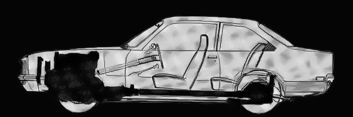 B&W illustration showing a cutaway profile view of the 1971 Chevrolet Vega, with the engine and drivetrain in black
