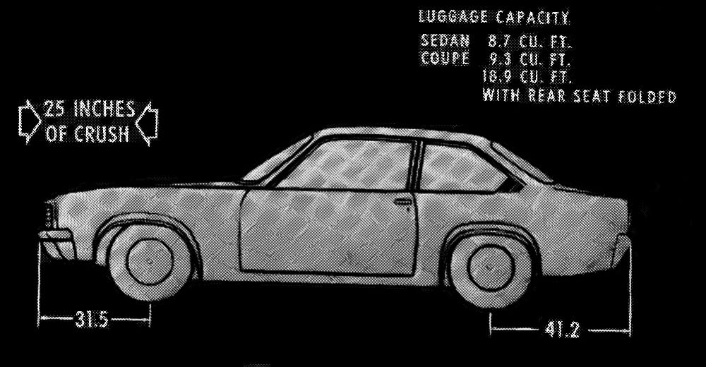 Illustration showing a Chevrolet Vega in profile, indicating 31.5 inches of front overhang, 41.2 inches of rear overhang, and 25 inches of front crush space