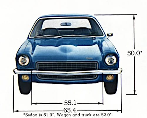 Brochure image of a 1971 Chevrolet Vega showing that the coupe is 50.0 inches high and 65.4 inches wide with a 55.1-inch front track