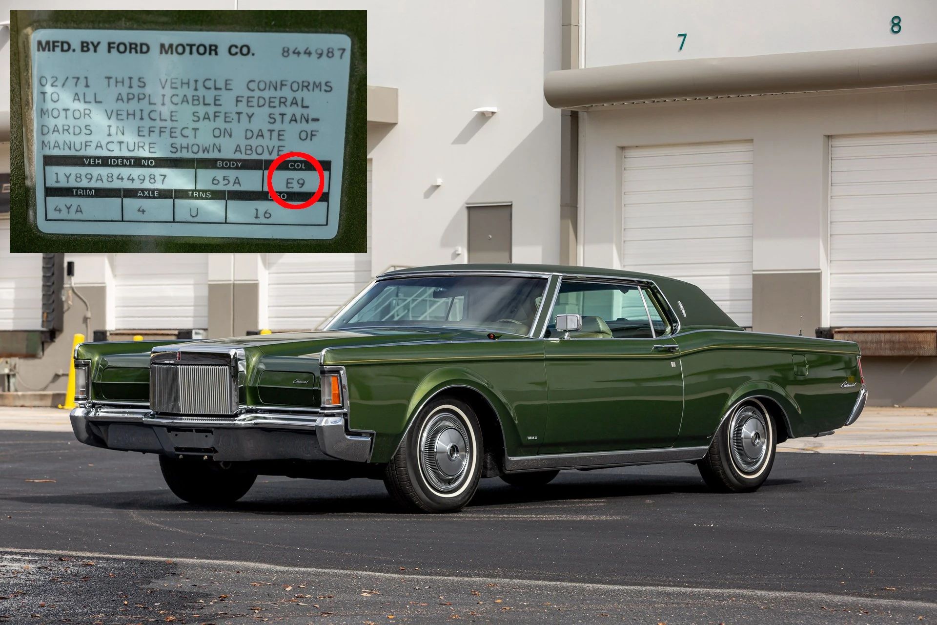 Photo of an Ivy Moondust metallic green 1971 Lincoln Continental with an inset of the trim tag showing the paint code (E9) circled in red