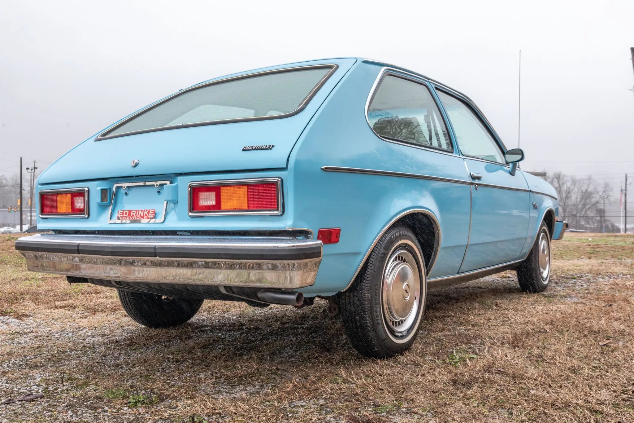 Right 3q view of a blue 1977 Chevrolet Chevette hatchback