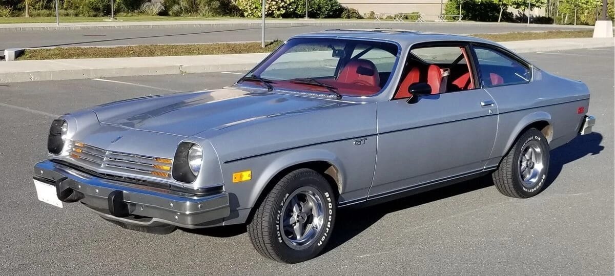 Left front 3q view of a silver 1977 Chevrolet Vega with alloy wheels