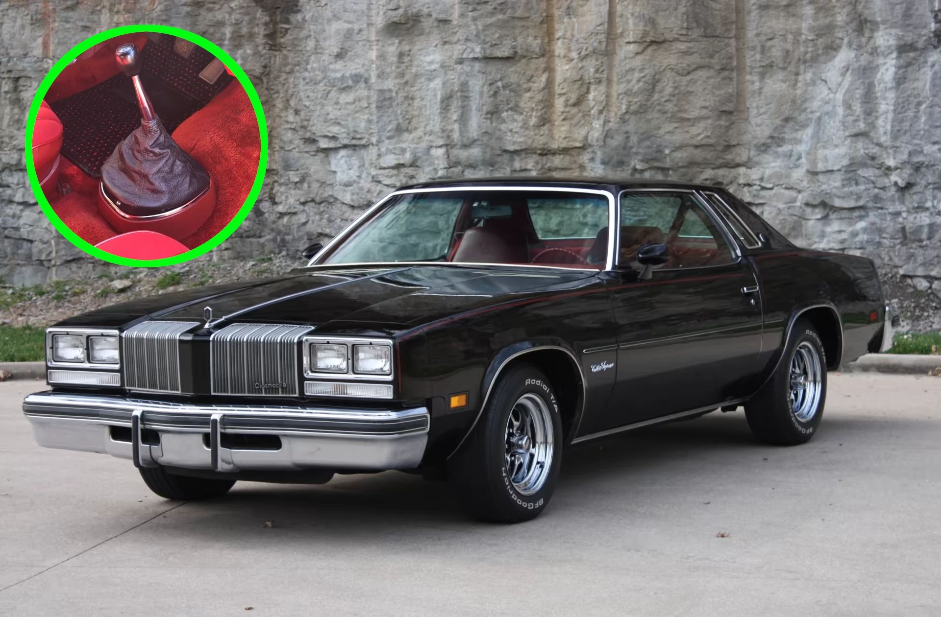 Left front 3q view of a black 1977 Oldsmobile Cutlass Supreme Coupe with an inset showing the shifter for the 5-speed transmission