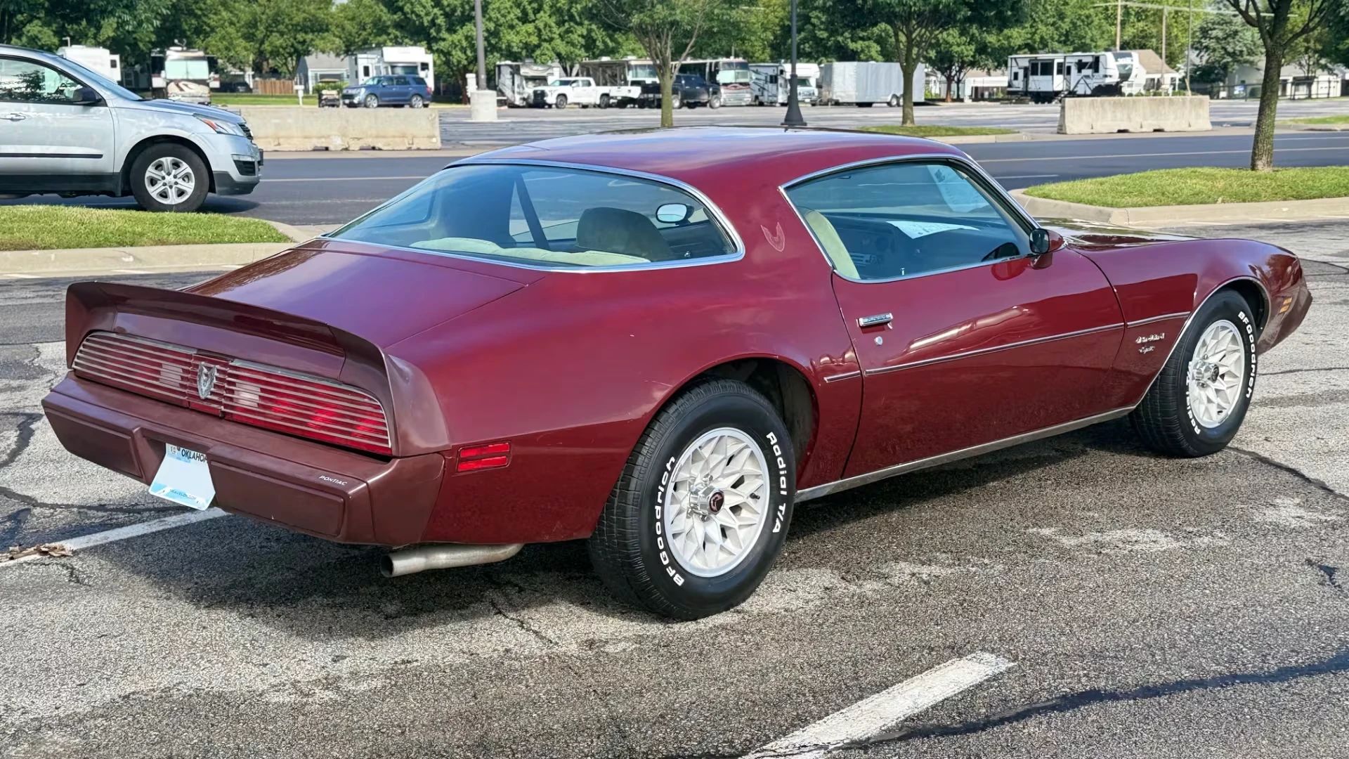 Right rear 3q view of a maroon 1981 Firebird