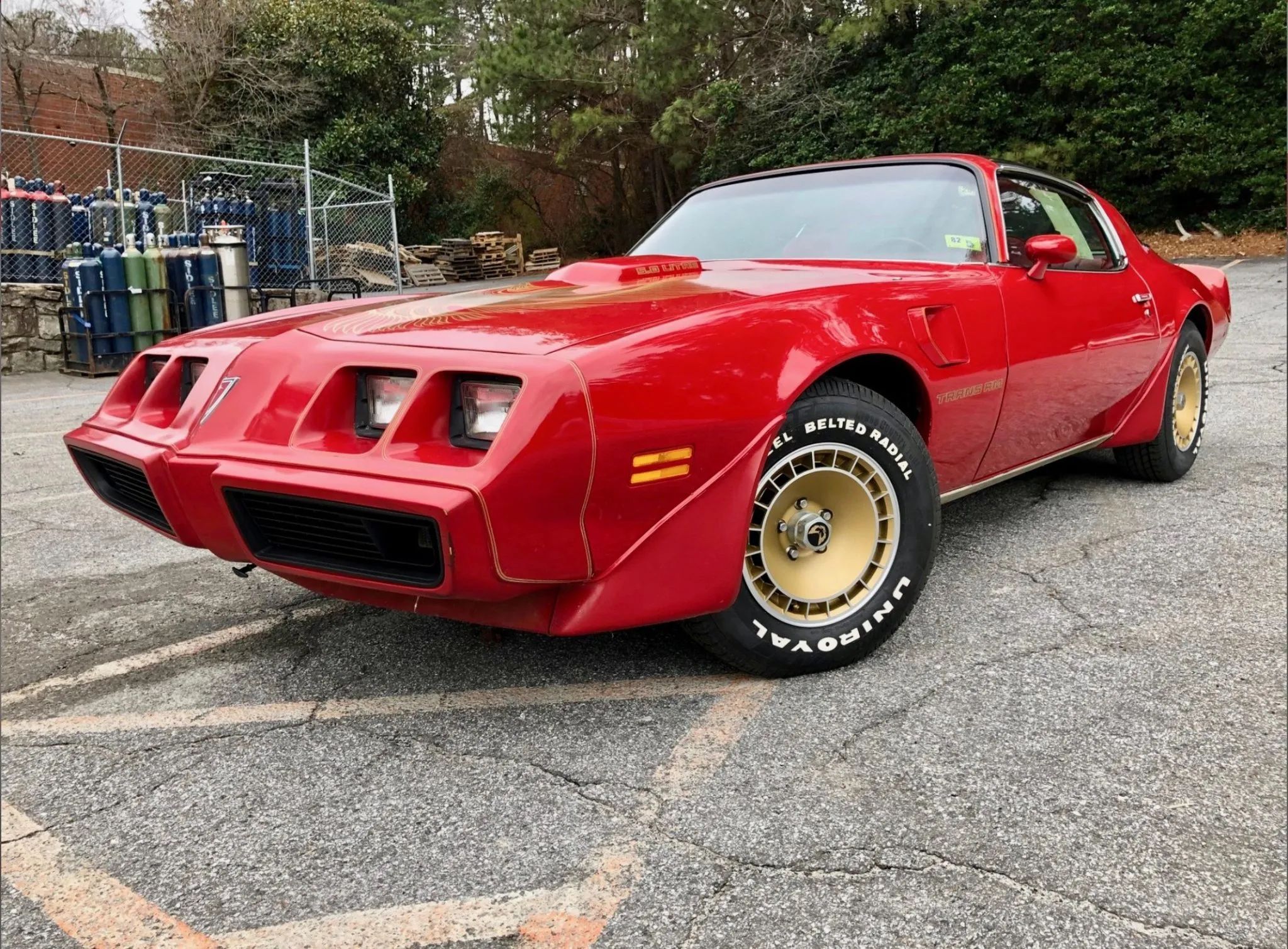 Low-angle front 3q view of a red 1981 Pontiac Firebird Trans Am with gold wheels and a shaker hood