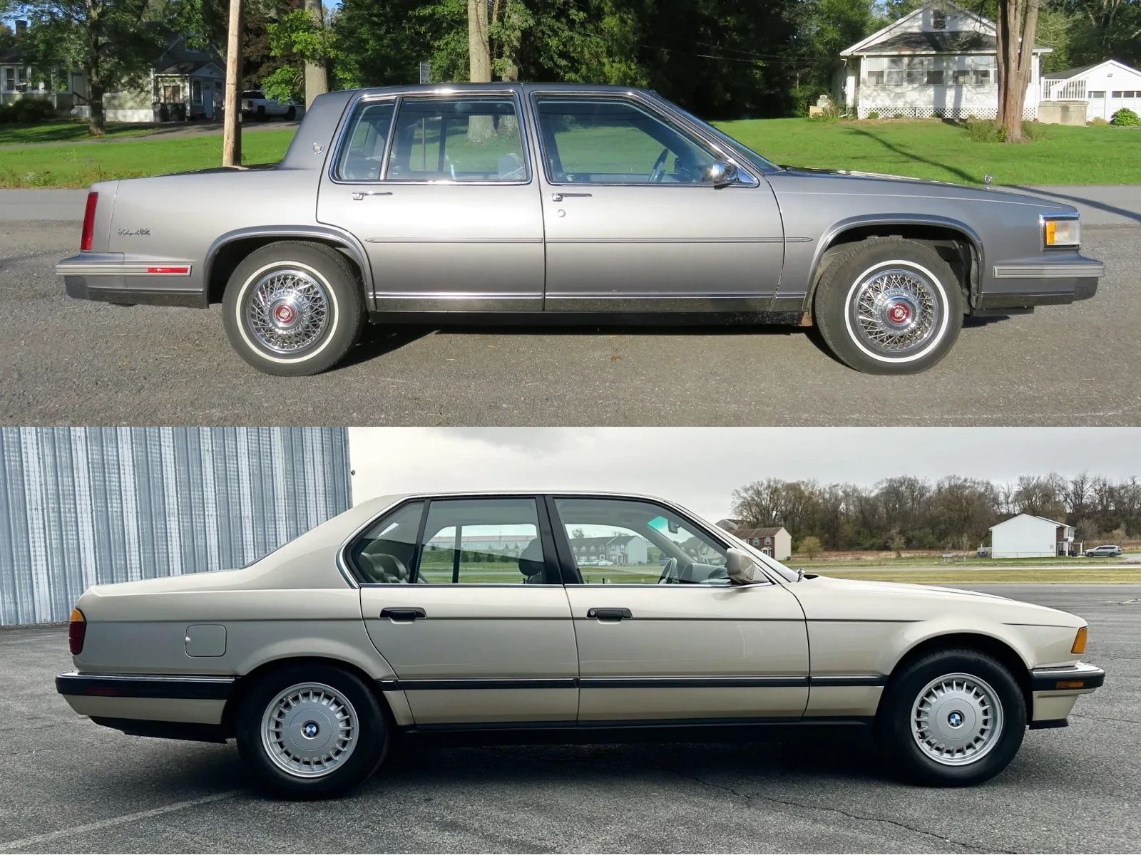 Composite photo showing the right sides of a gray 1988 Cadillac Sedan de Ville and a bronze 1988 BMW 735i