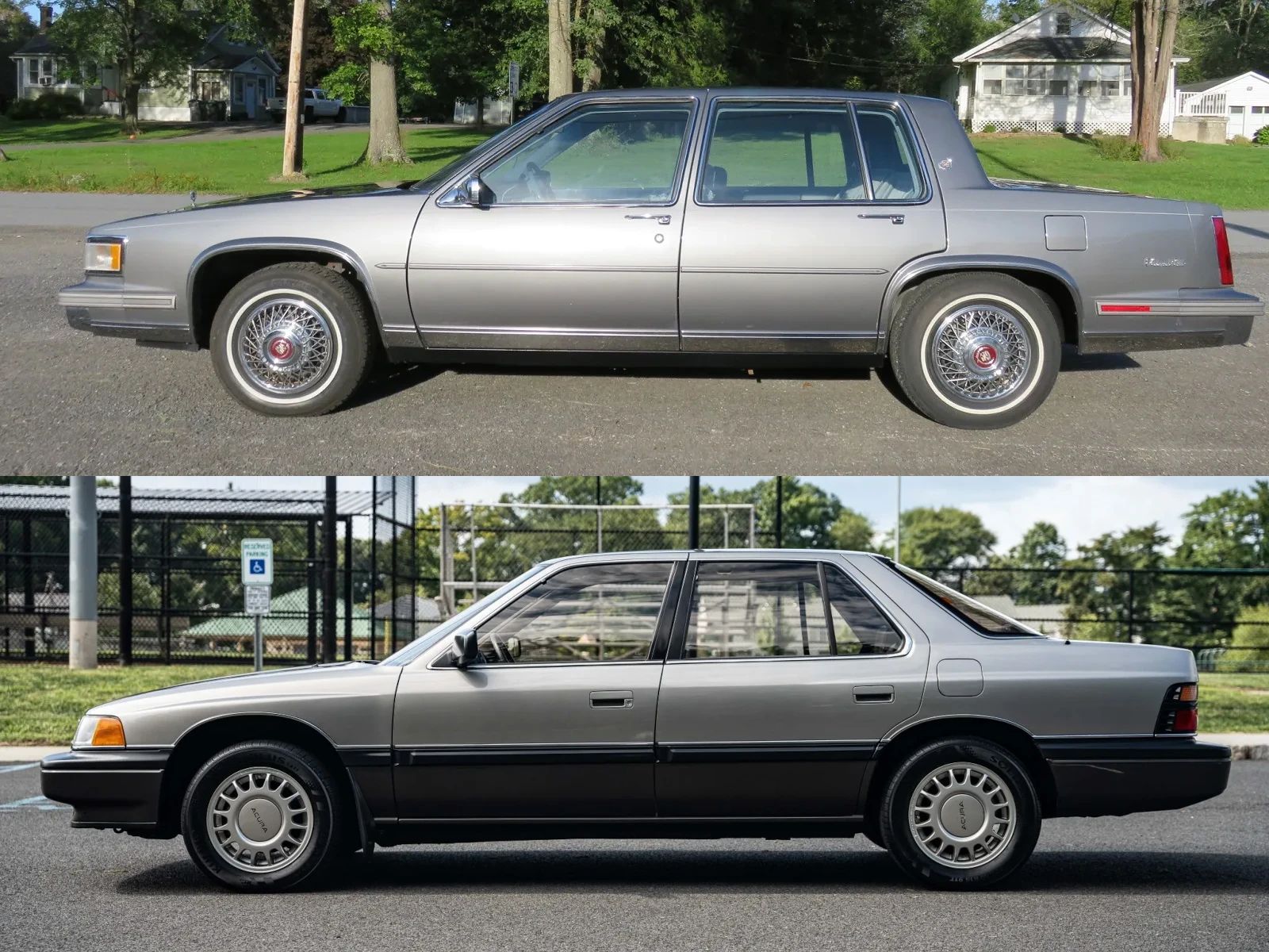 Composite photo showing the left sides of an Academy Gray 1988 Cadillac Sedan de Ville and an Ascot Gray 1987 Acura Legend sedan