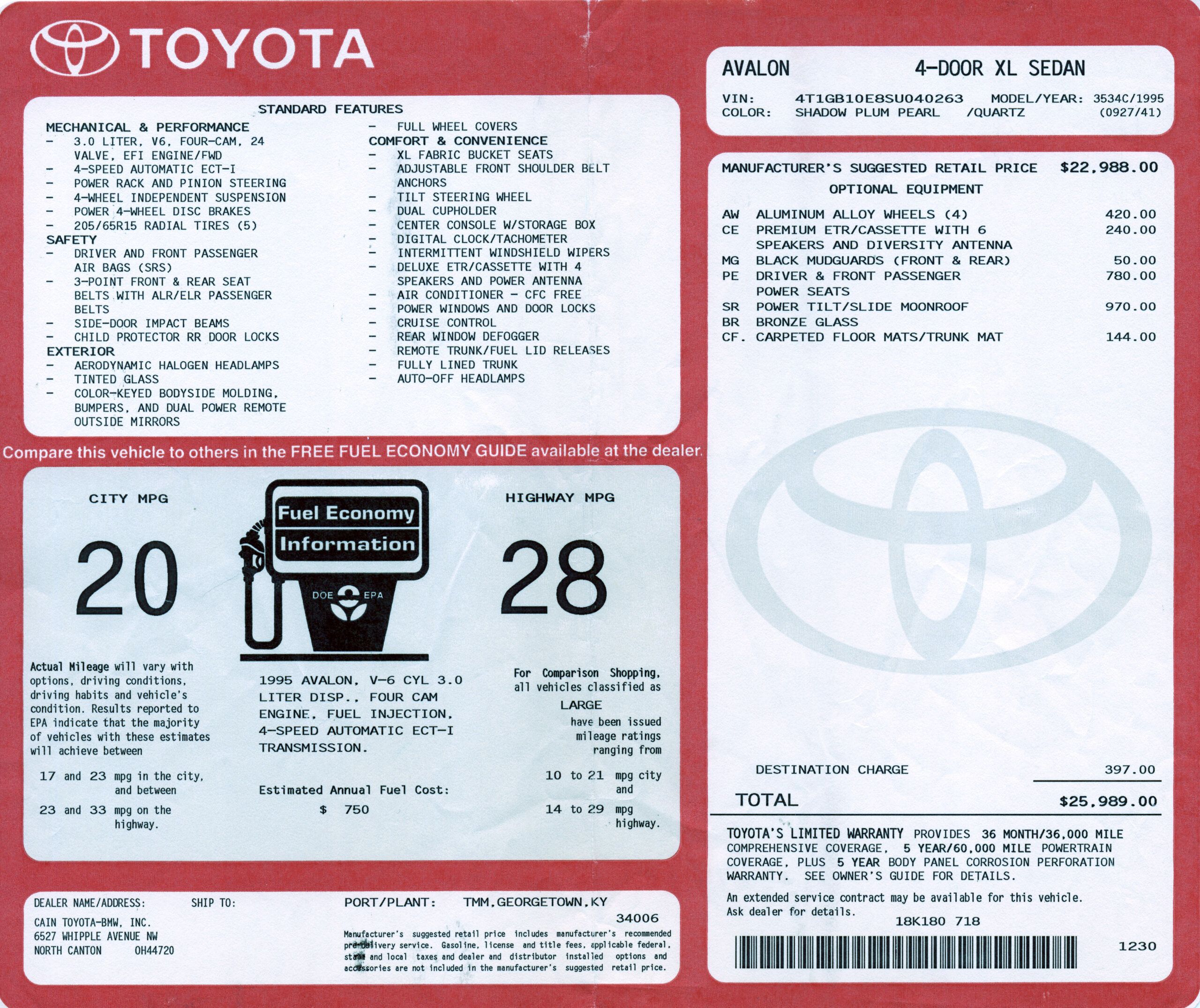 My 1995 Toyota Avalon: Toyota's First Full-Size Car Was Bigger, But Not TOO Big 2 1995 avalon window sticker scaled