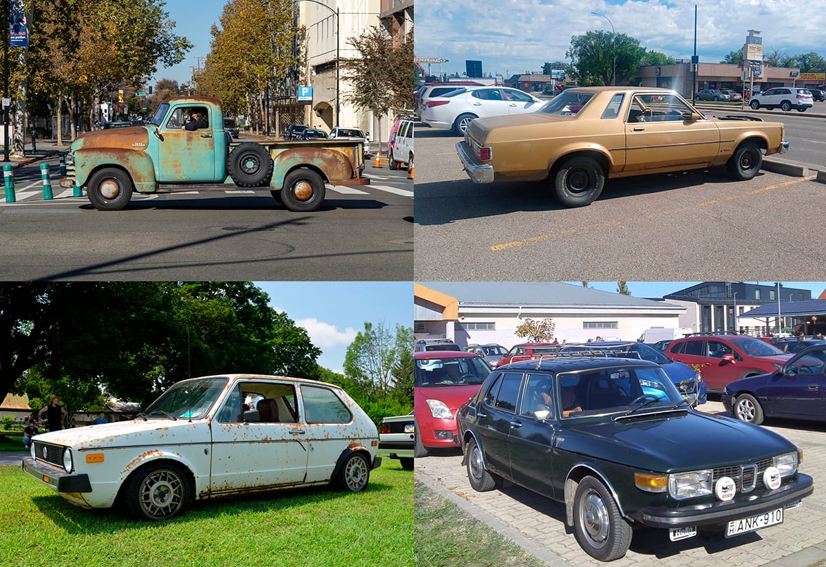 Composite of four car photos: a patina'd Chevrolet Advance Design pickup; a gold late '70s U.S. Ford Granada; a rust-spattered white first-generation VW Rabbit; and a black 1973 Saab 99GL