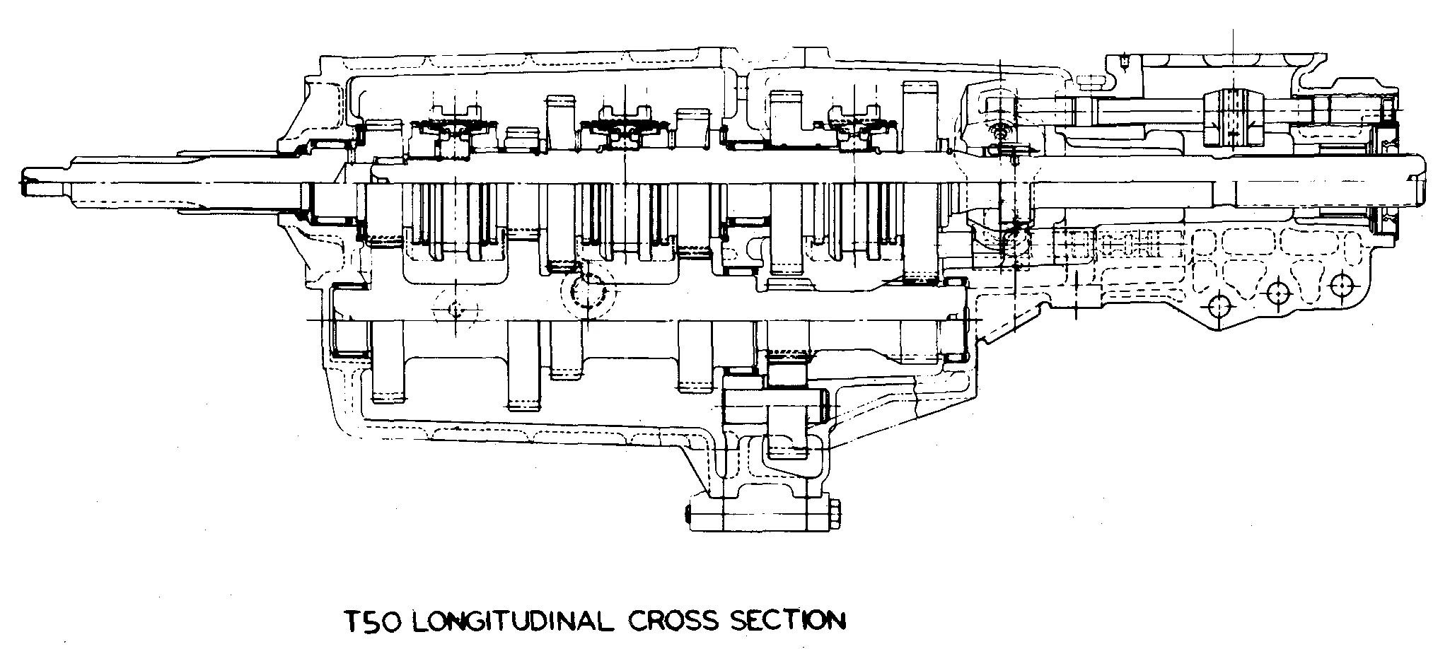 B&W longitudinal cross-section of the Borg-Warner T-50 five-speed transmission
