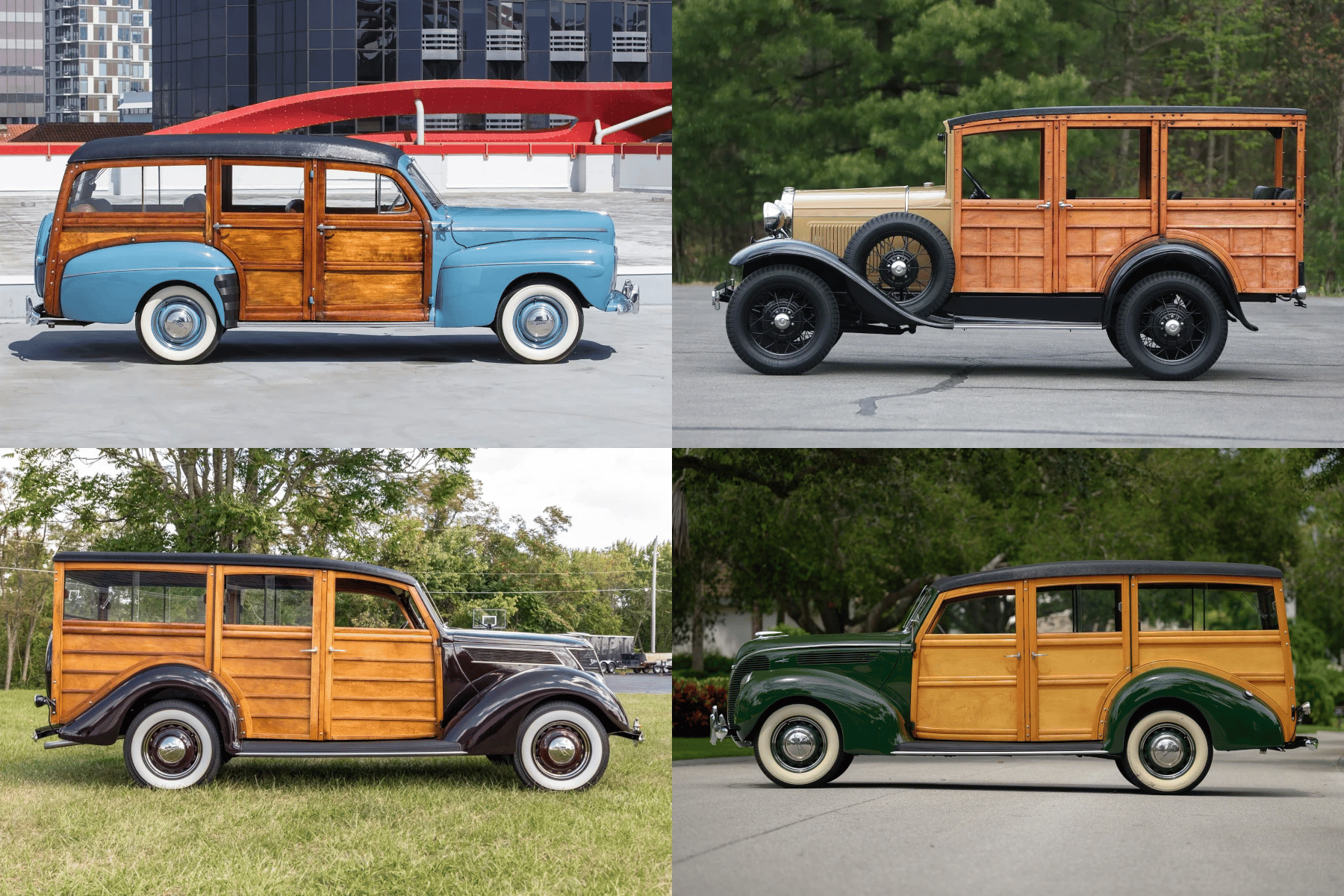 Collage of four Ford wood-bodied station wagons: a Florentine Blue 1942, a Manila Brown 1930, a Coach Maroon 1937, and a Dartmouth Green 1938