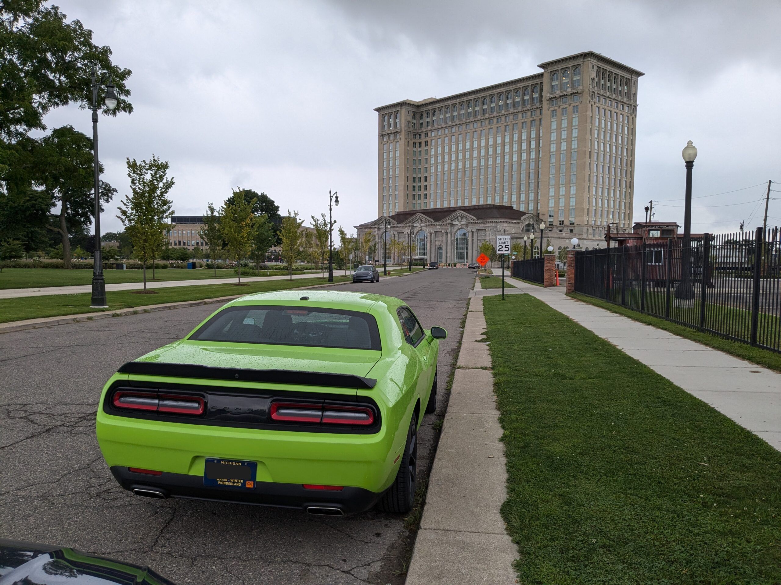 Image of 2023 Dodge Challenger in front of Michigan Central Station