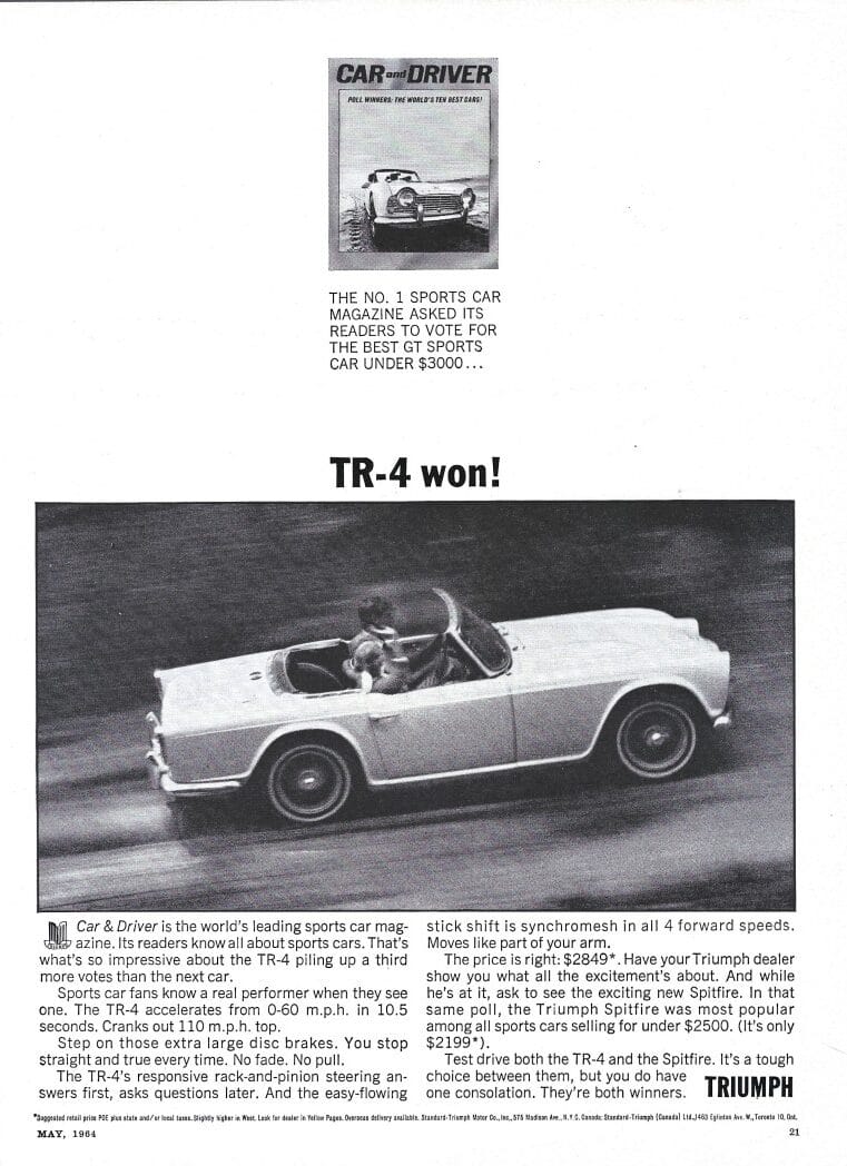 The (Mostly) Black-and-White World of 1964 Car Enthusiast Advertising: Performance Over Practicality 7 Triumph rotated