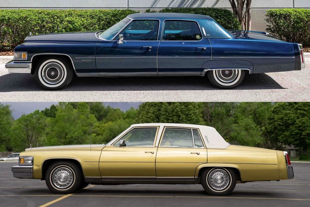 Composite photo showing the left sides of a Commodore Blue 1976 Cadillac Fleetwood Brougham and a Sovereign Gold 1977 Cadillac Fleetwood Brougham