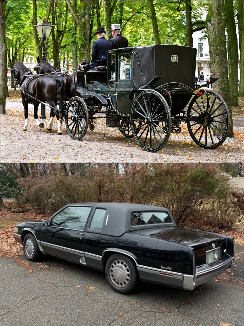 Photos of a black horse-drawn carriage and a black 1993 Cadillac Coupe de Ville