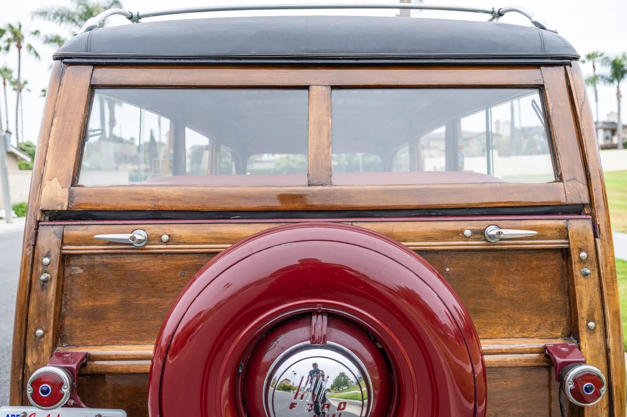 Tailgate and spare tire of a 1946 Ford wood-bodied station wagon