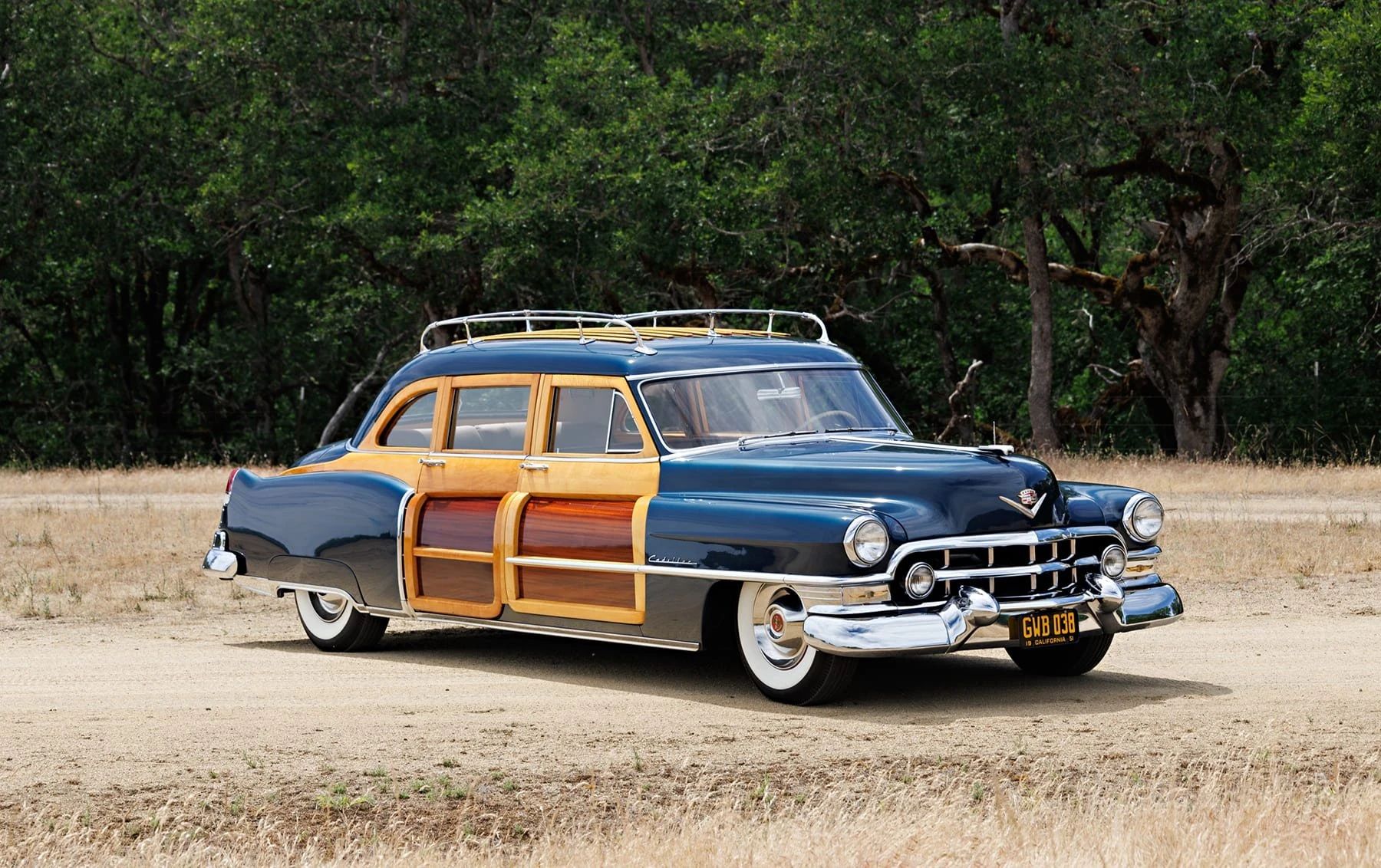 A Cadillac Woodie Sedan? This Wood-Paneled 1951 Cadillac Series 75 Was Once Owned By Gene Autry 3 Right front 3q view of a blue 1951 Cadillac with wood doors and window frames