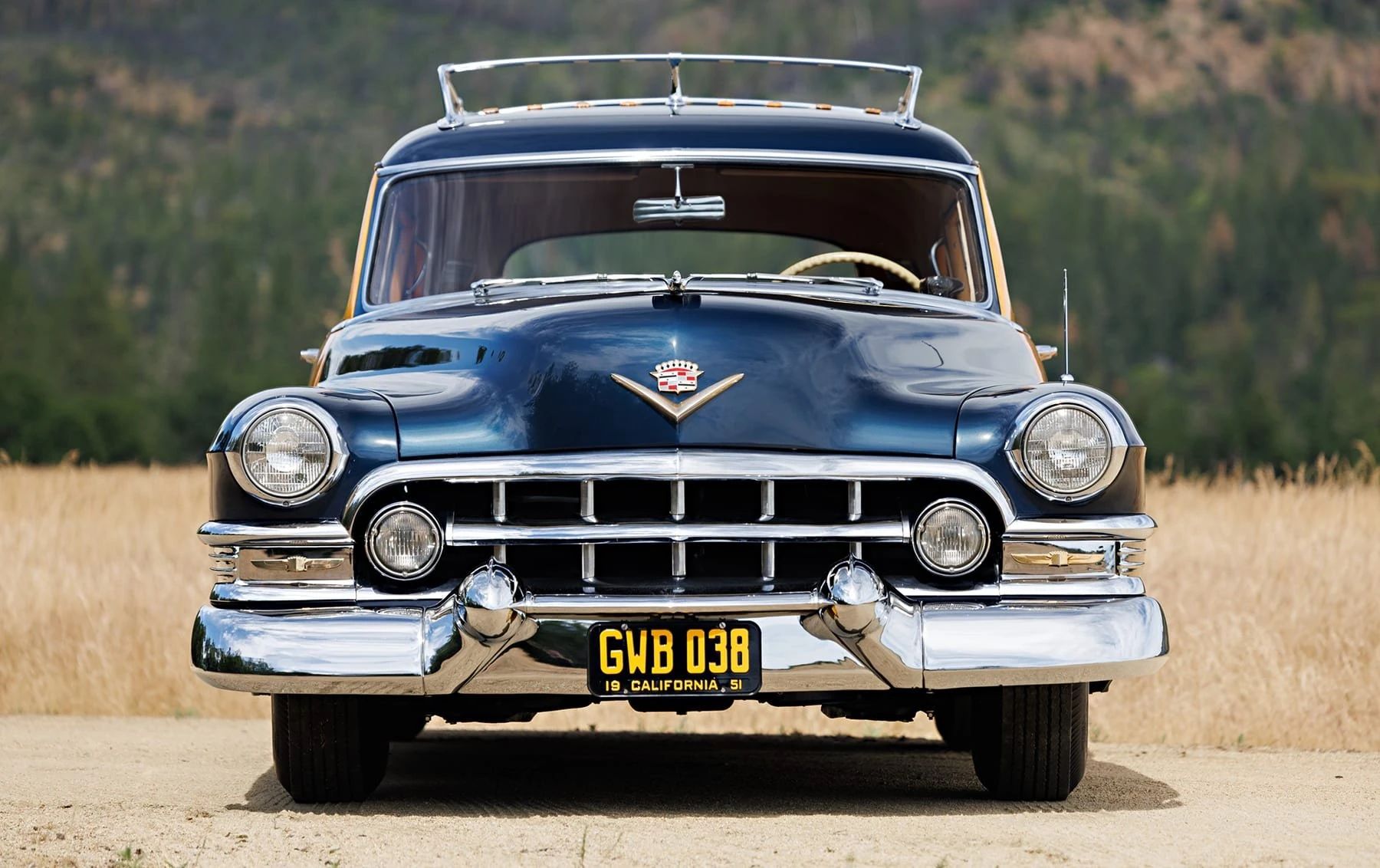 A Cadillac Woodie Sedan? This Wood-Paneled 1951 Cadillac Series 75 Was Once Owned By Gene Autry 4 Front view of a blue 1951 Series 75 with a roof rack