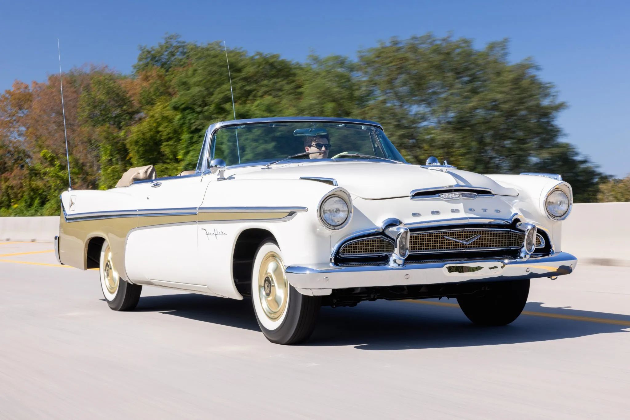 White over gold 1956 DeSoto convertible with the top down