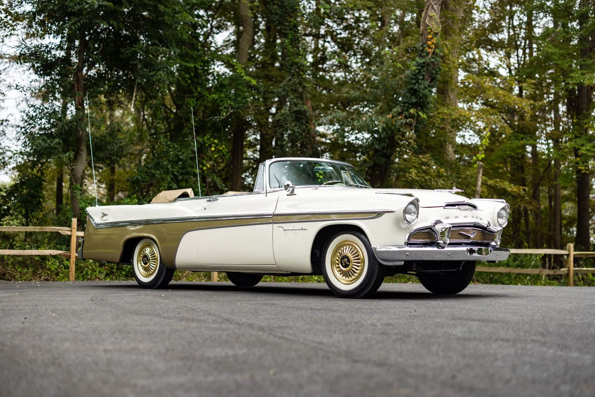 Right front 3q view of a white over gold 1956 DeSoto convertible