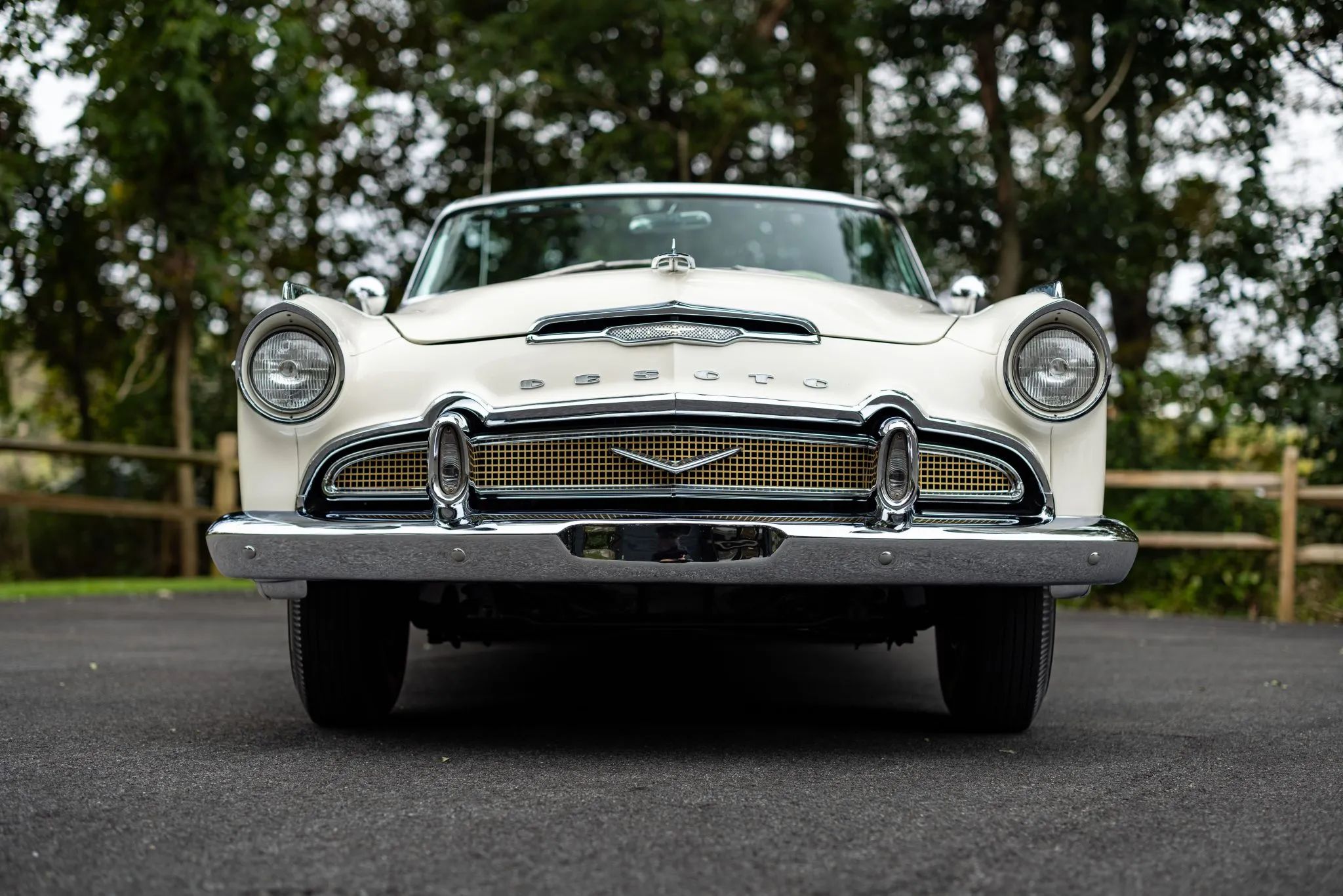 Front view of a white 1956 DeSoto convertible