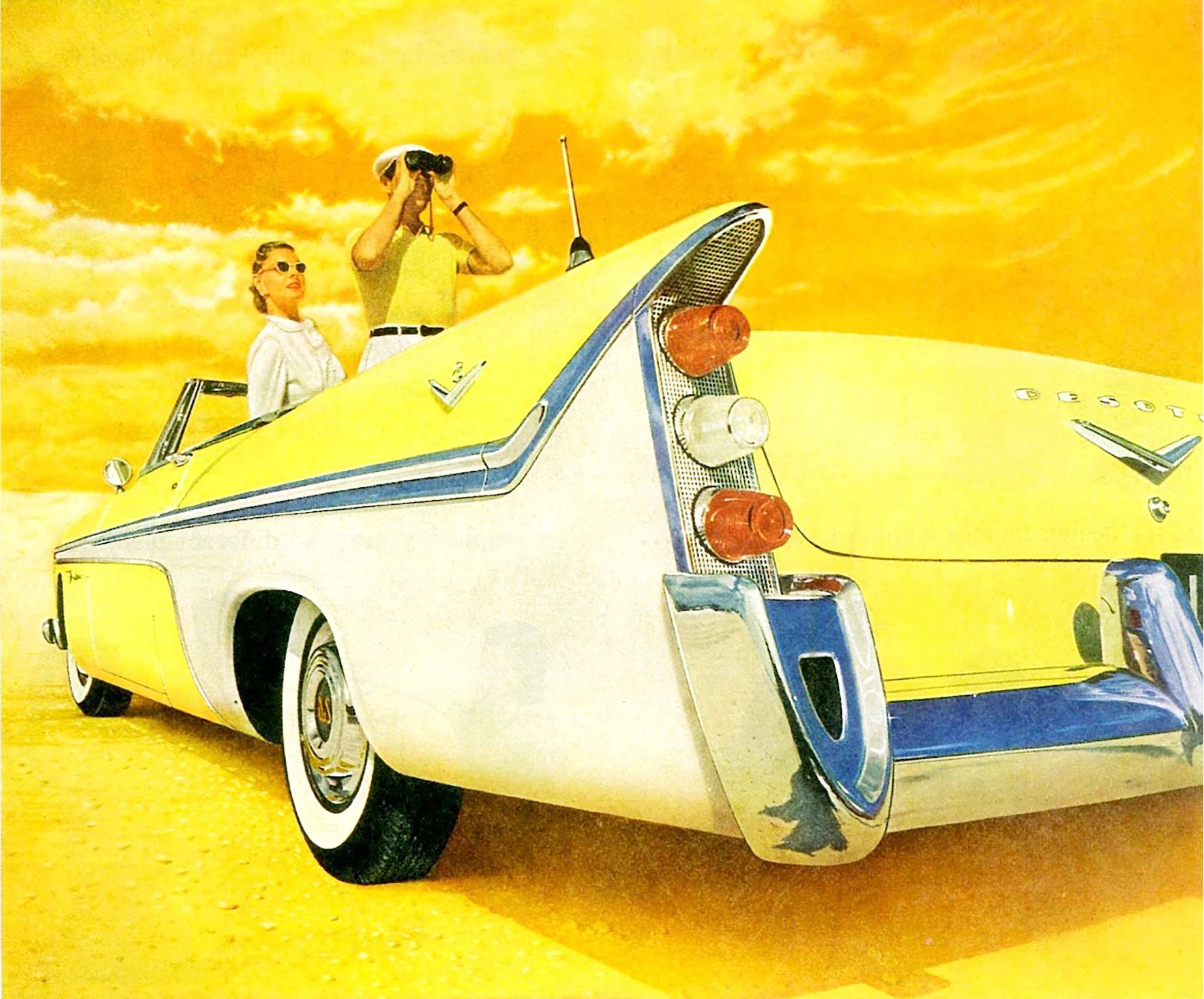 Section of a DeSoto ad showing an illustration of a yellow and white convertible against orange and yellow clouds