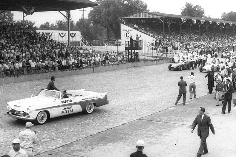 B&W photo of the DeSoto pace car at the 1956 Indy 500