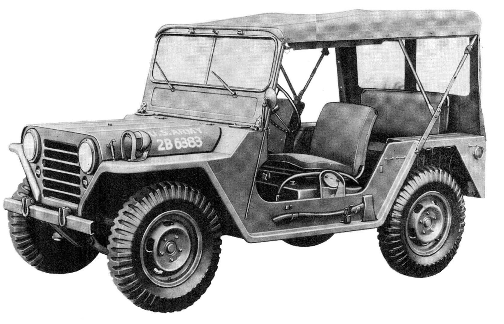 Ford M151 1/4-Ton Utility Truck: Why The Suspension Of The Military's Jeep Successor Made It Too Dangerous For Civilians 4 B&W front 3q illustration of an early M151 utility vehicle