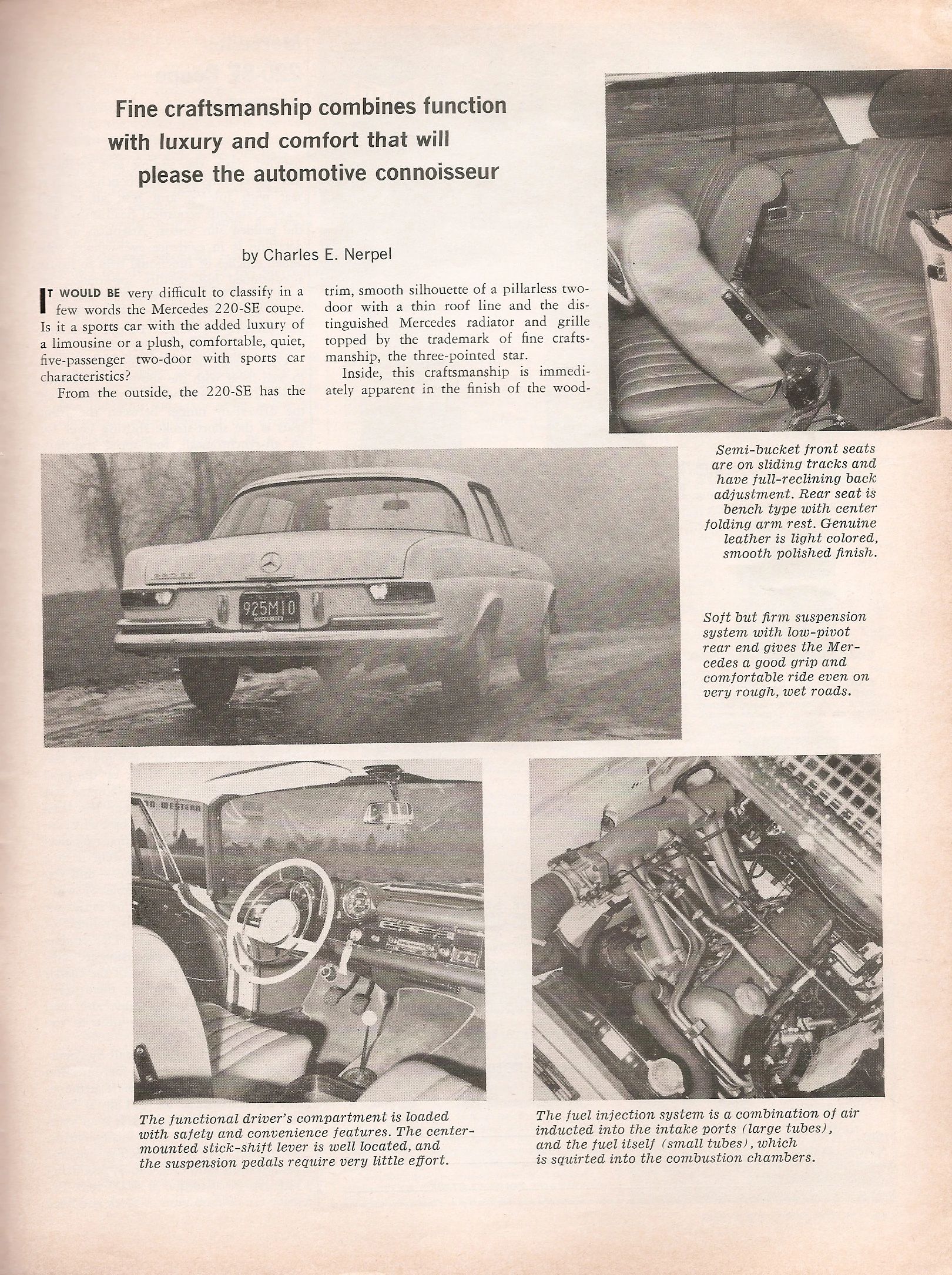 Motor Trend, April 1962, page 65, first text page of Mercedes 220SE coupe test by Charles E. Nerpel, with the headline, "Fine craftsmanship combines function with luxury and comfort that will please the automotive connoisseur"