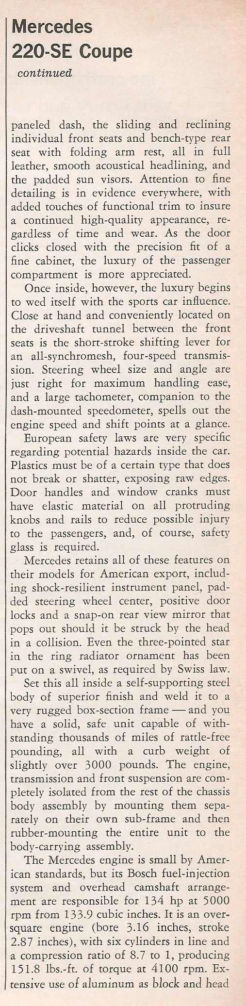Motor Trend, April 1962, page 66, continued text of Mercedes 220SE coupe test