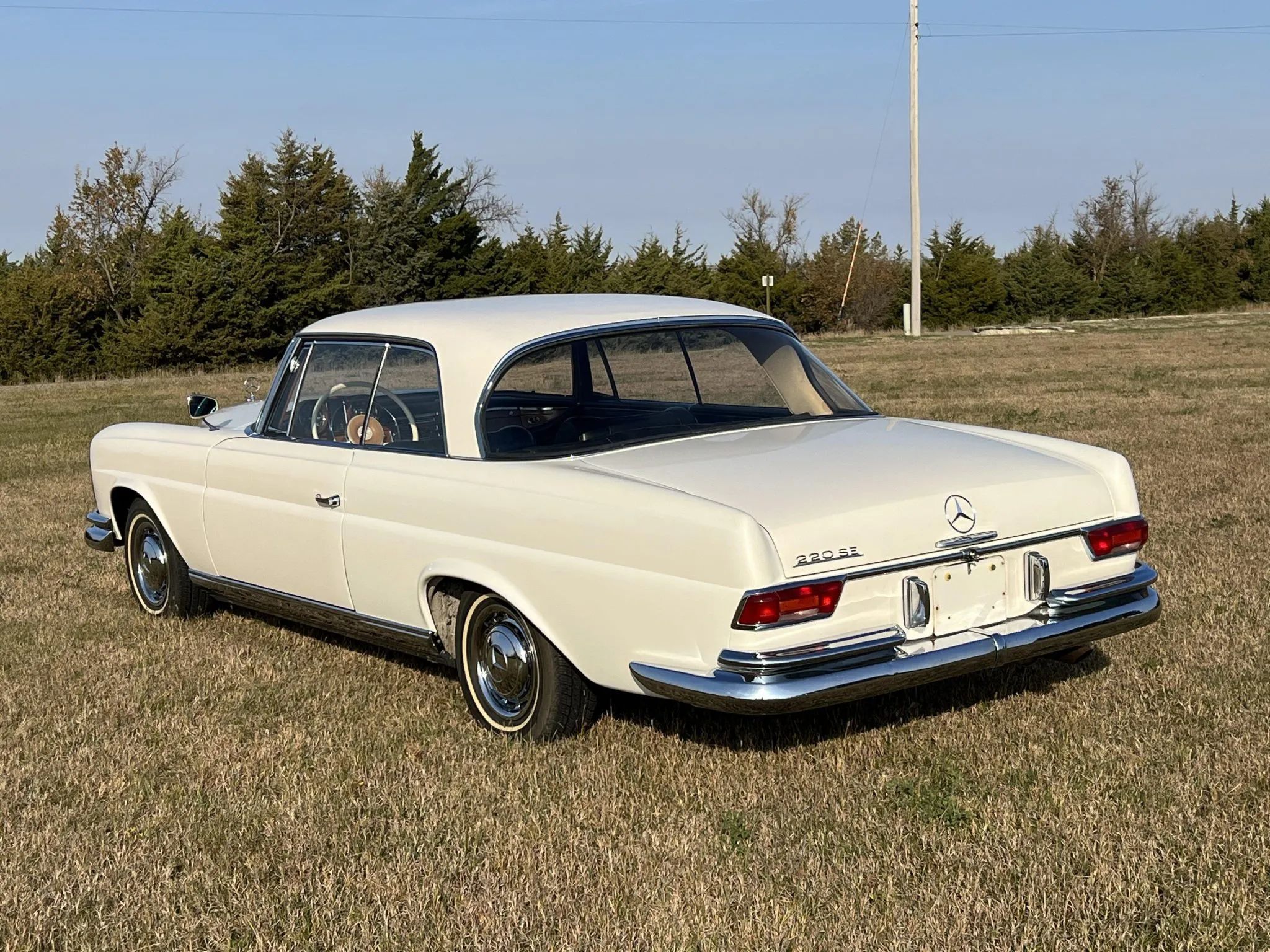 Left rear 3q view of a white 220SE coupe