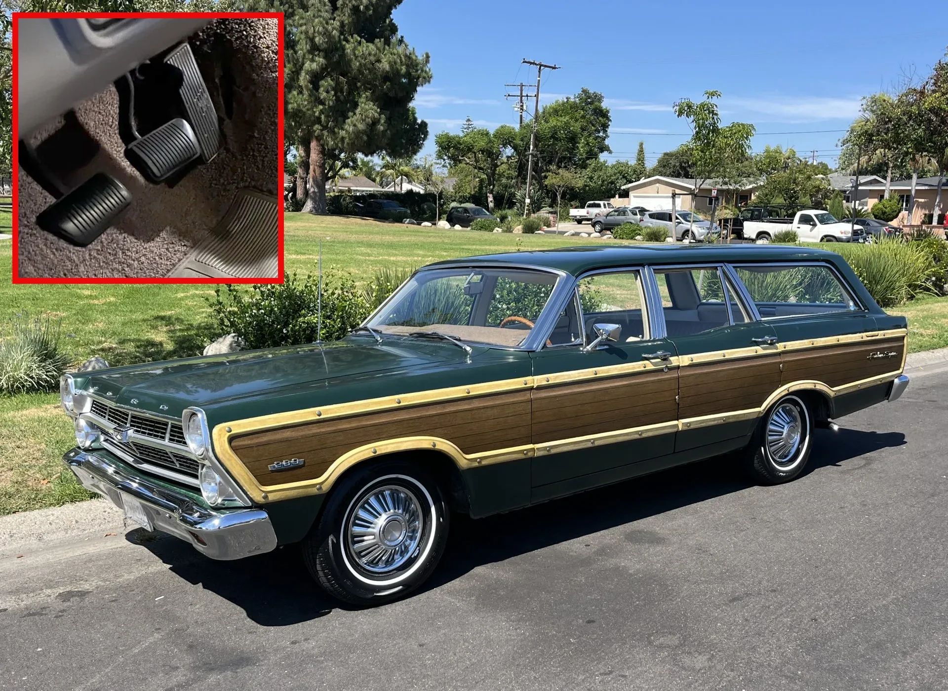 1967 Ford Fairlane Squire 3-Speed: Rare Midsize Stick-Shift Faux Woodie Wagon, But Why Did It Sell For $20K? 1 Photo of a dark green 1967 Ford Fairlane Squire station wagon with an inset image of the accelerator, brake, and clutch pedals