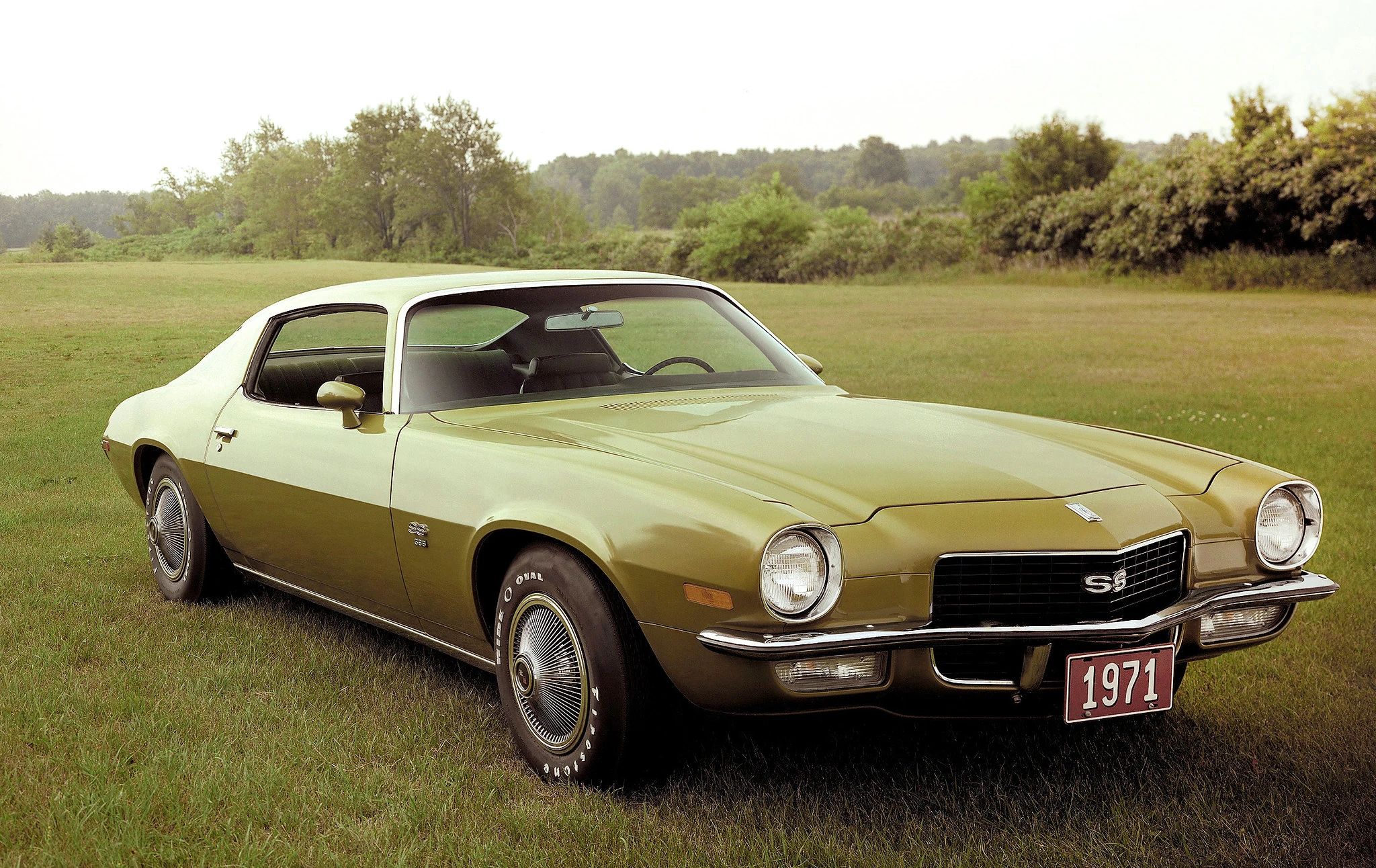 What Really Killed Muscle Cars In The '70s - Two Vintage Articles Try To Explain: "The Insurance Squeeze" And "What Price Muscle" 13 Right front 3q view of a 1971 Chevrolet Camaro SS parked on grass