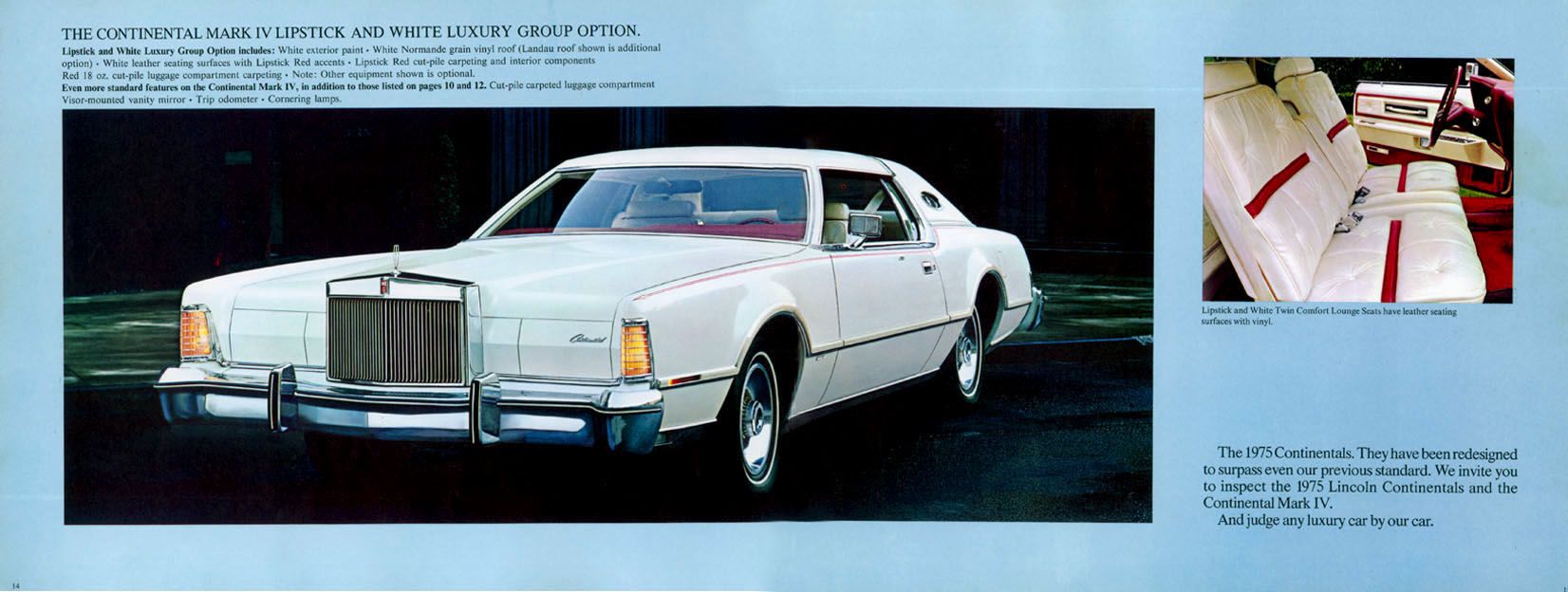 1975 brochure page showing a white-on-white Mark IV with a Landau roof, forged wheels, and Lipstick and White Luxury Group