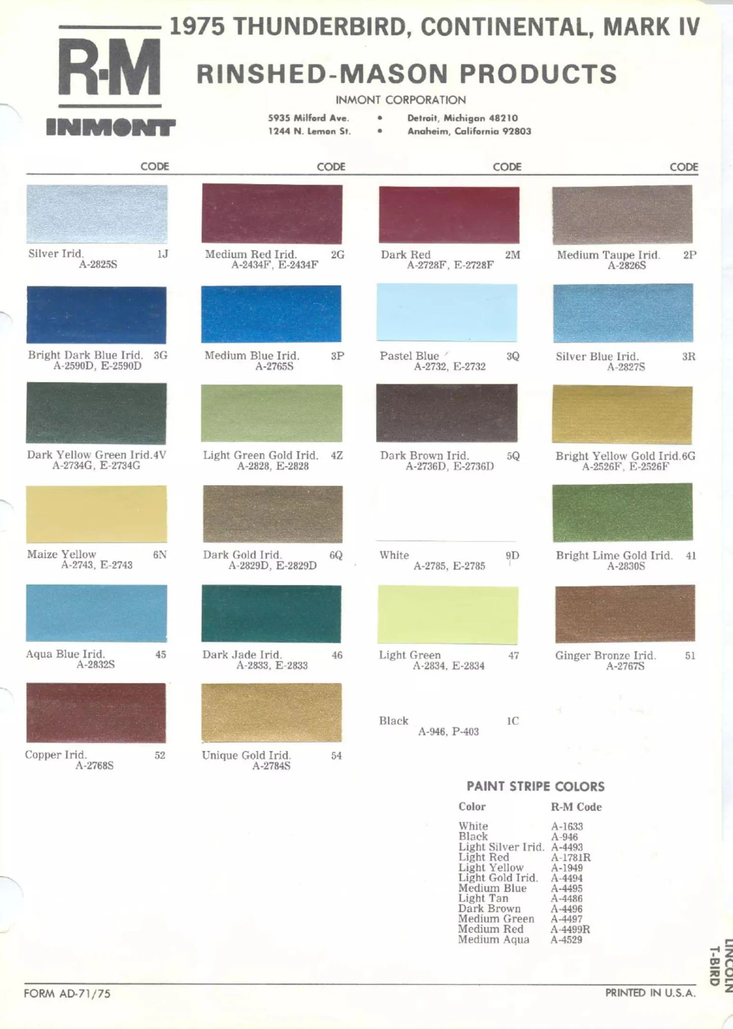 Rinshed-Mason 1975 color swatches page showing the 23 colors offered on the Lincoln Continental, Mark IV, and Ford Thunderbird