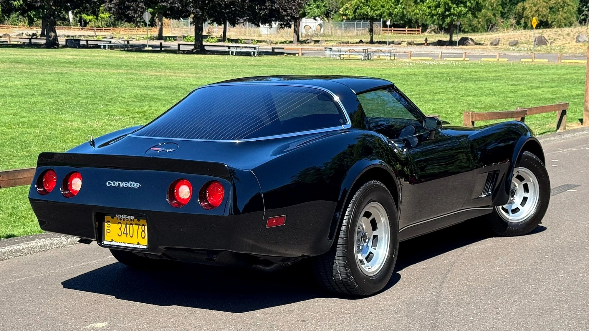 Right rear 3q view of a black 1980 Corvette