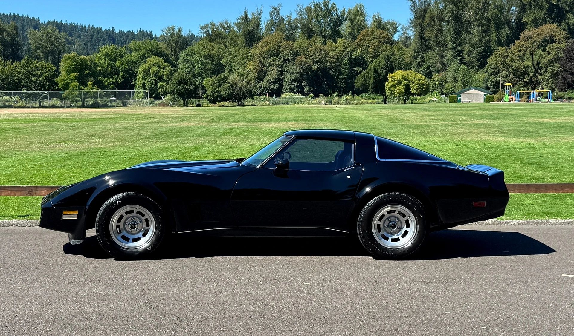 Left side view of a black 1980 Corvette