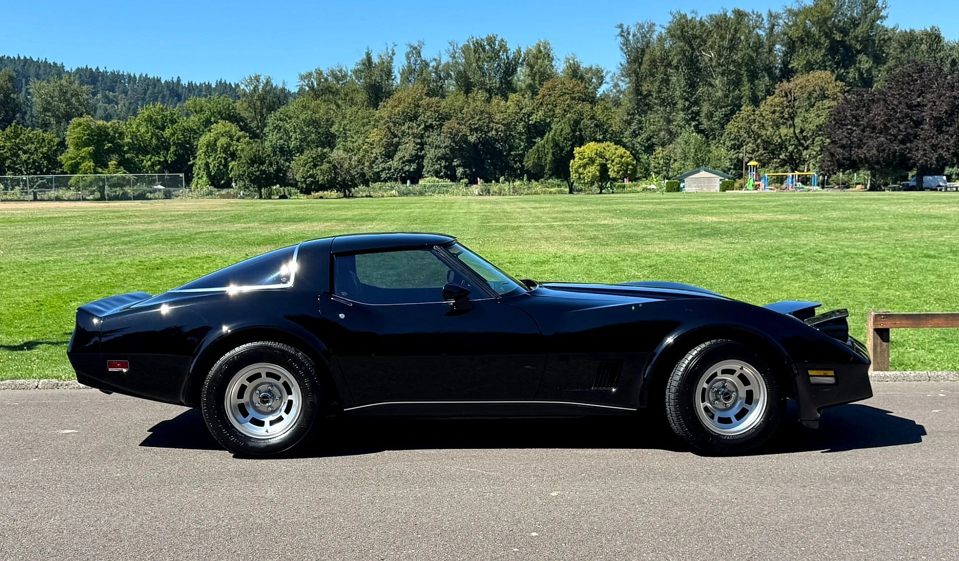 Right side of a black 1980 Corvette
