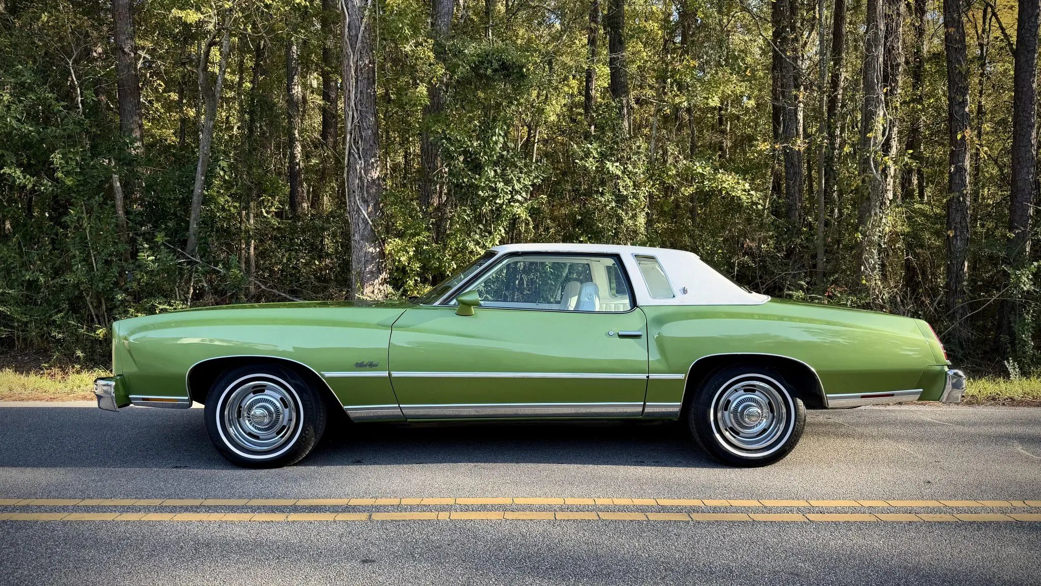Image of Lime Green Metallic 1976 Chevrolet Monte Carlo in front of a forested setting on a lonely two-lane highway