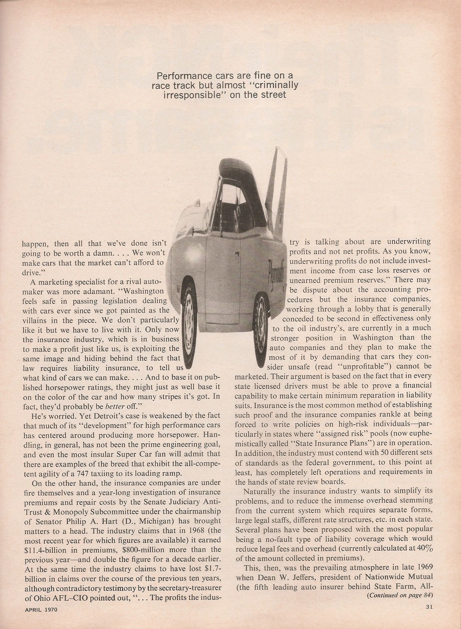 What Really Killed Muscle Cars In The '70s - Two Vintage Articles Try To Explain: "The Insurance Squeeze" And "What Price Muscle" 19 Car and Driver, April 1970, page 31, third page of "The Insurance Squeeze," with the pull quote "Performance cars are fine on a race track but almost 'criminally irresponsible' on the street"