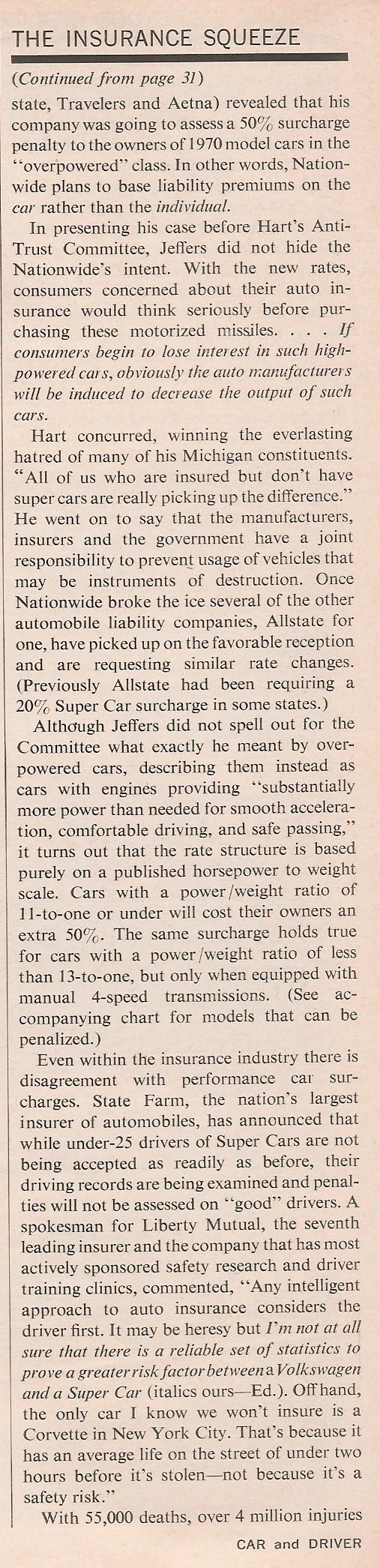 What Really Killed Muscle Cars In The '70s - Two Vintage Articles Try To Explain: "The Insurance Squeeze" And "What Price Muscle" 22 Car and Driver, April 1970, page 84, continued text of "The Insurance Squeeze"