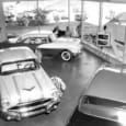 Inside GM’s Golden Days: 1950s Dealership Showrooms In Vintage Photos 1956 Pontiacs in the showroom at Lamerdin Pontiac, Compton, California.