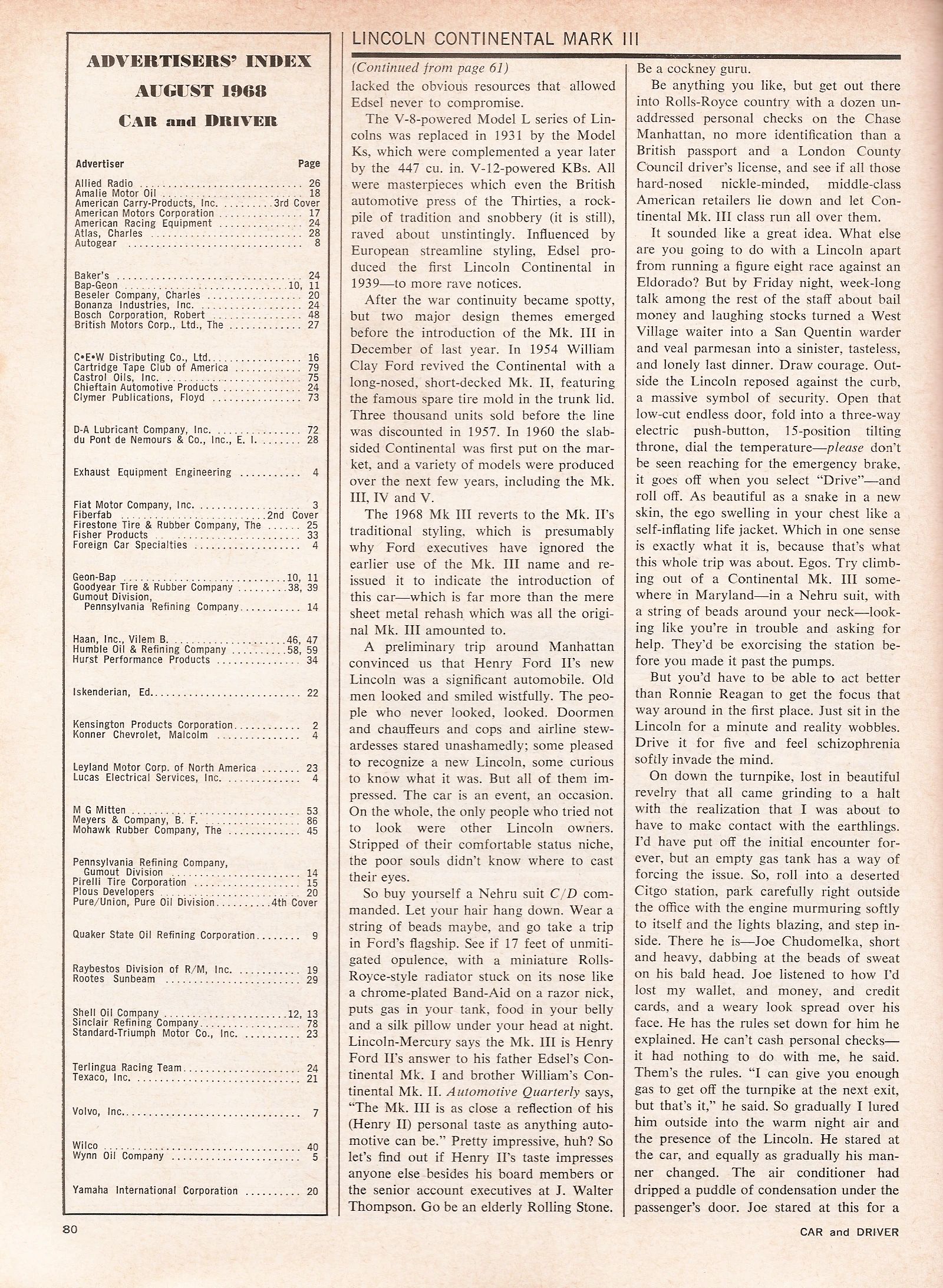 Vintage C/D Review: New York To D.C. With No Cash, No Cards, 12 Checks, And A New Lincoln Continental Mark III 8 Car and Driver, August 1968, page 80, third page of the Charles Fox Mark III Viewpoint