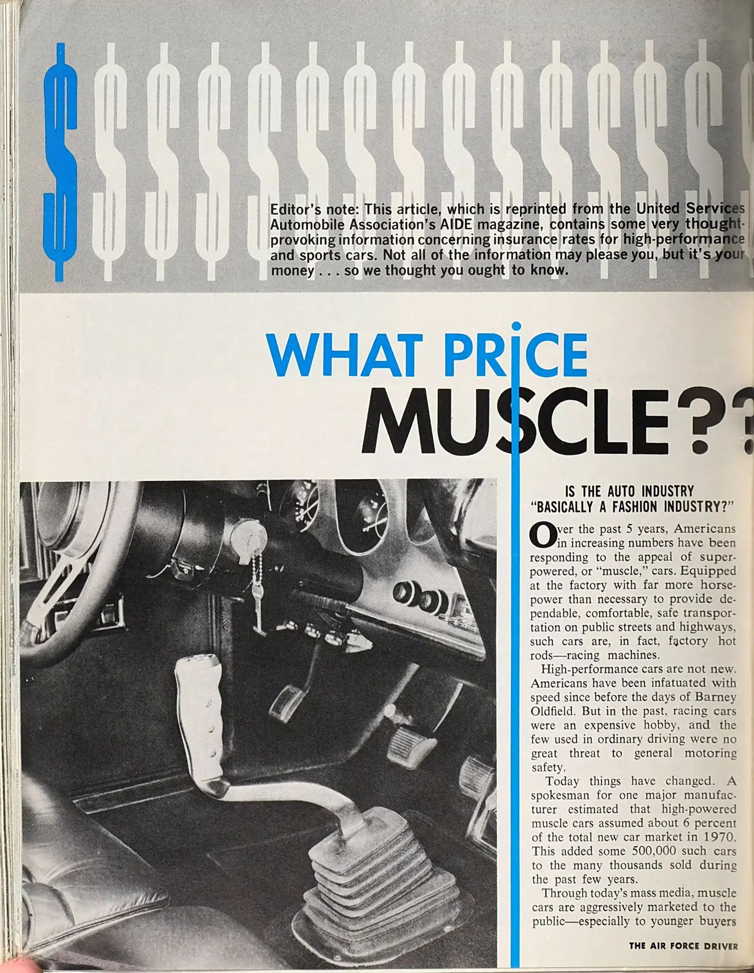 What Really Killed Muscle Cars In The '70s - Two Vintage Articles Try To Explain: "The Insurance Squeeze" And "What Price Muscle" 4 Driver, May 1971, page 25, first page of an article entitled "What Price Muscle??" with a photo of a pistol-grip 4-speed shifter and an editor's note reading, "Not all of the information may please you, but it's your money...so we thought you ought to know."