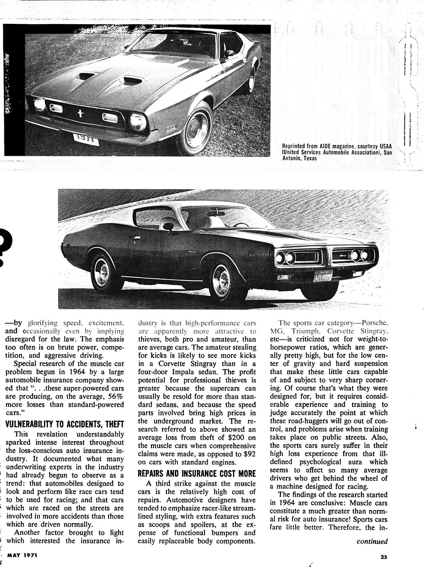 What Really Killed Muscle Cars In The '70s - Two Vintage Articles Try To Explain: "The Insurance Squeeze" And "What Price Muscle" 7 Driver, May 1971, page 26, second page of "What Price Muscle?" article with a B&W photo above the text of a 1971 Dodge Charger