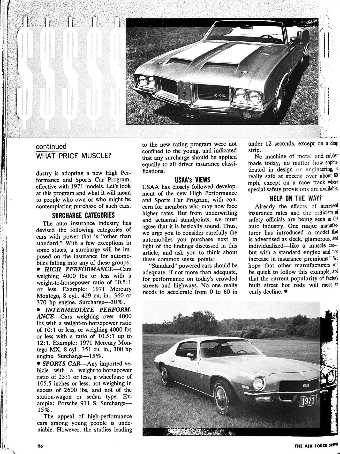 What Really Killed Muscle Cars In The '70s - Two Vintage Articles Try To Explain: "The Insurance Squeeze" And "What Price Muscle" 10 Driver, May 1971, page 26, last page of the "What Price Muscle???" feature, with inset B&W photos of a 1971 Oldsmobile 4-4-2 convertible and a 1971 Chevrolet Camaro SS