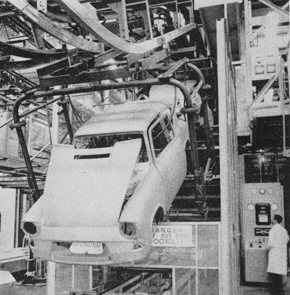 Electrocoating: How Ford Revolutionized Auto Painting, Why It Took Detroit 20 Years To Get Onboard, And Why It Didn't Stop '70s Rust 8 B&W photo of a Ford Anglia on an electrocoating line