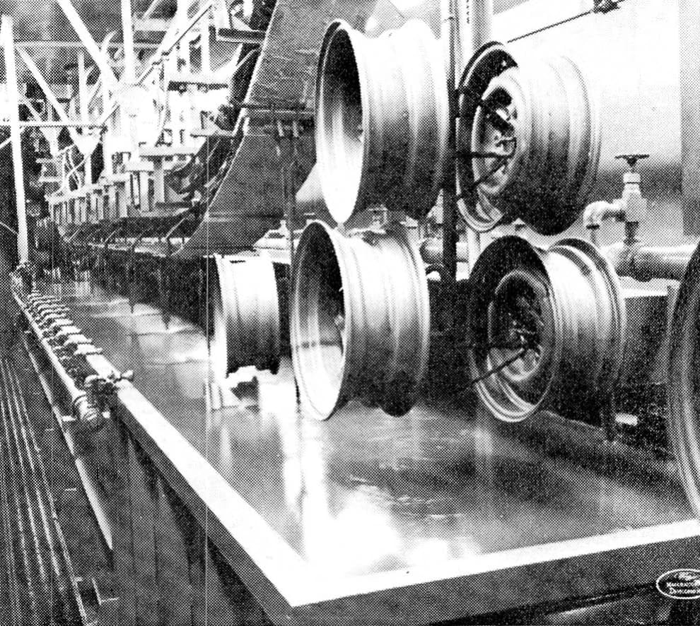 Electrocoating: How Ford Revolutionized Auto Painting, Why It Took Detroit 20 Years To Get Onboard, And Why It Didn't Stop '70s Rust 5 B&W photo of auto wheels being electroplated