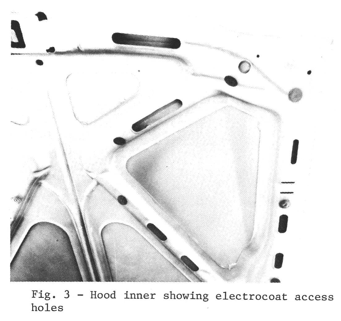 Electrocoating: How Ford Revolutionized Auto Painting, Why It Took Detroit 20 Years To Get Onboard, And Why It Didn't Stop '70s Rust 23 B&W photo of the underside of a hood, labeled "Hood inner showing electrocoat access holes"