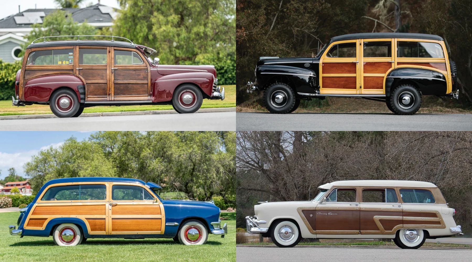 Montage of four Ford station wagons: a Dynamic Maroon 1946, a black 1948 Marmon-Herrington 4WD conversion, a Bimini Blue 1950 Country Squire, and a Sandpiper White 1954 Country Squire
